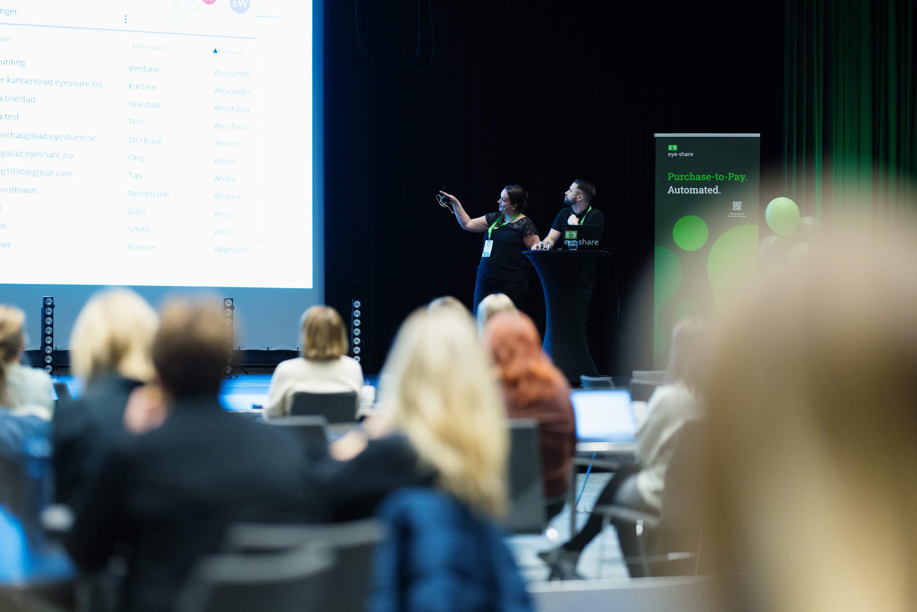 Audhild Bergsagel and Bjarte Wasmuth talking on stage at eye-share User Conference 2025