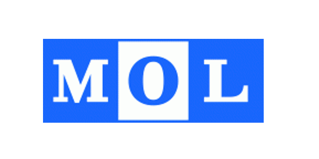 MOL logo: White and blue letters on white and blue background