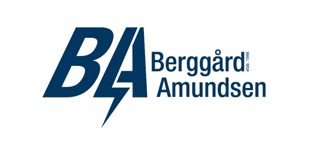 Berggård Amundsen logo: Blå tekst på hvit bakgrunn