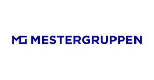 Mestergruppen logo: Blå/lilla tekst på hvit bakgrunn