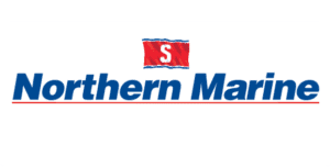 Northern Marine Group: Blue text on white background, red flag with blue boarders with an S in the middle
