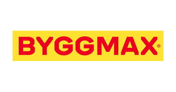 Byggmax logo: Rød tekst på gul bakgrunn