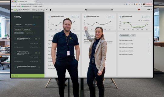 Kai (R&D director) and Eva (Product manager) standing in front of a big screen showing the new eye-share Workflow dashboard