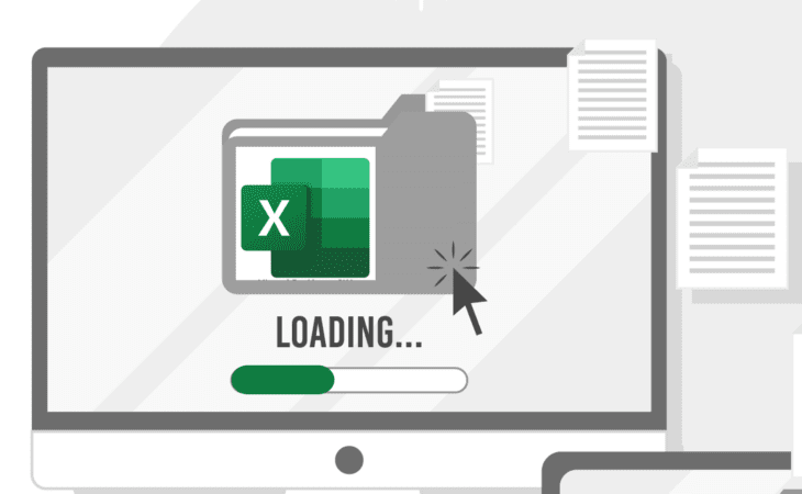 Illustration of a desktop and documents in black and white with excel in the middle loading export