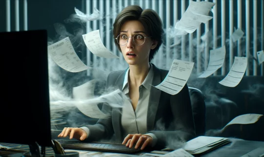 A worried female CFO at her desk with short brown hair and glasses. Ghost-like invoices with translucent edges float around her and emerge from the computer screen in a tense, dimly lit office setting