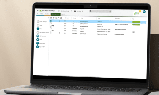 Laptop showing the General Ledger add-on in eye-share Workflow Invoice